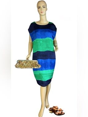 ANNE KLEIN GREEN AND BLUE COLOR BLOCK STRIPED SHIFT DRESS (14)